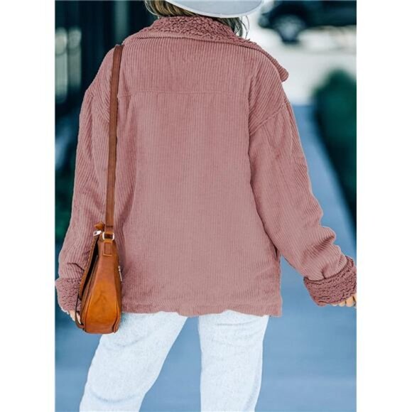 Women's Corduroy Sherpa Jacket Button Down Fleece Fur Collar Winter Coat - Picture 2 of 6